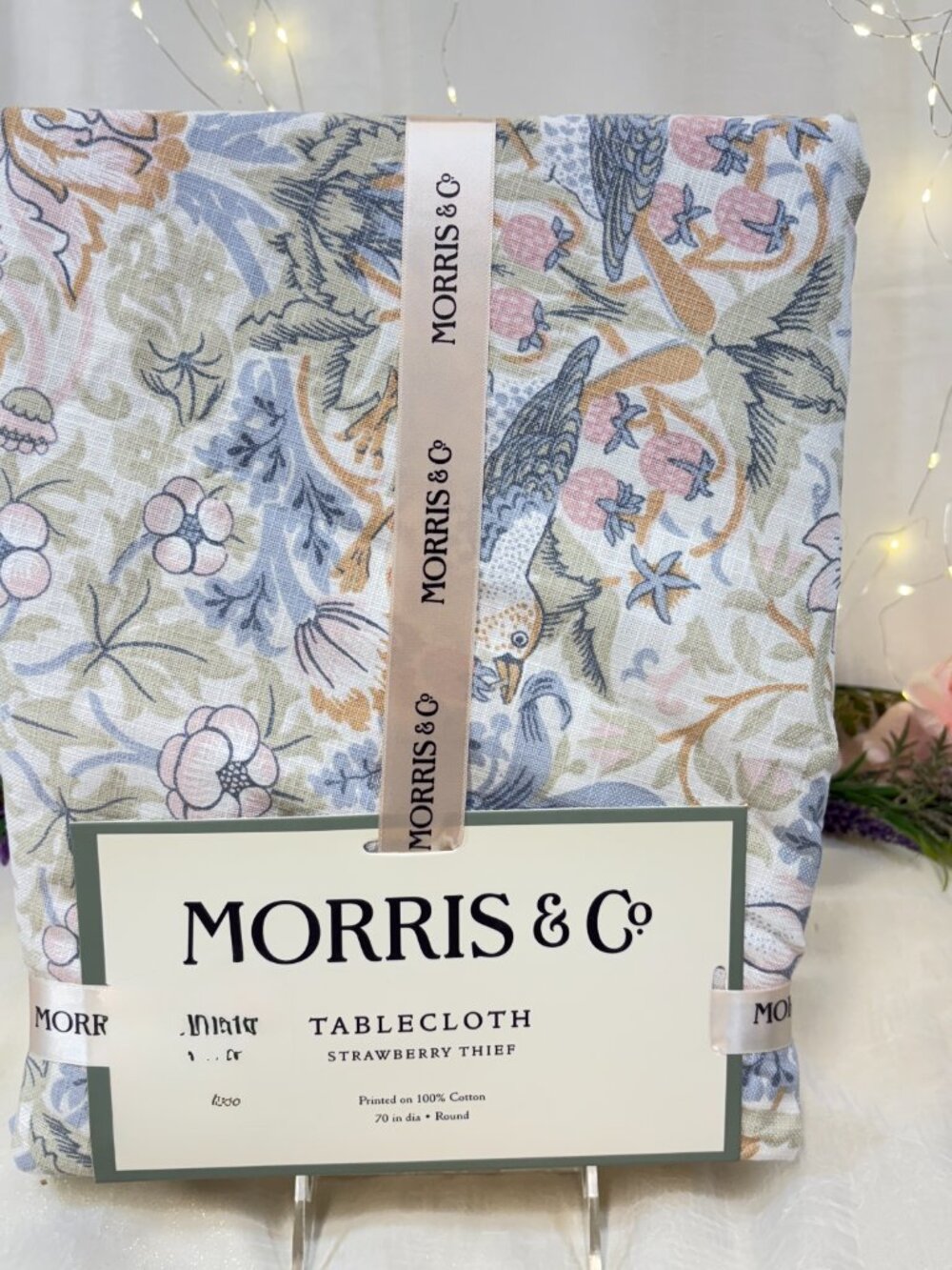 William Morris & Co Strawberry Thief Bird & Floral Cotton Tablecloth Round 70”